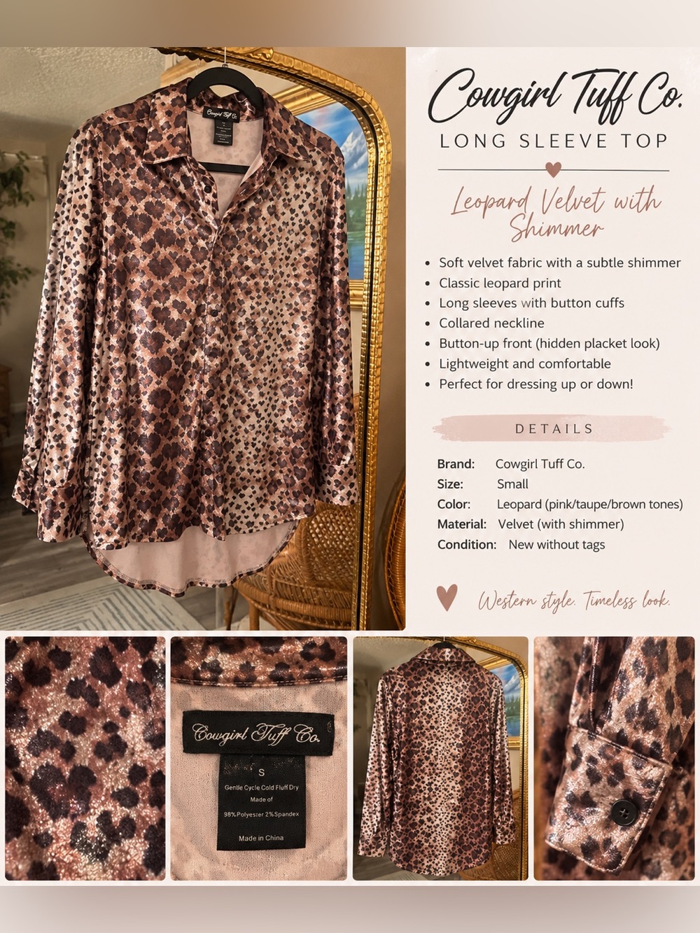 Cowgirl Tuff Leopard Velvet Button-Down Top - Pink/Taupe/Brown